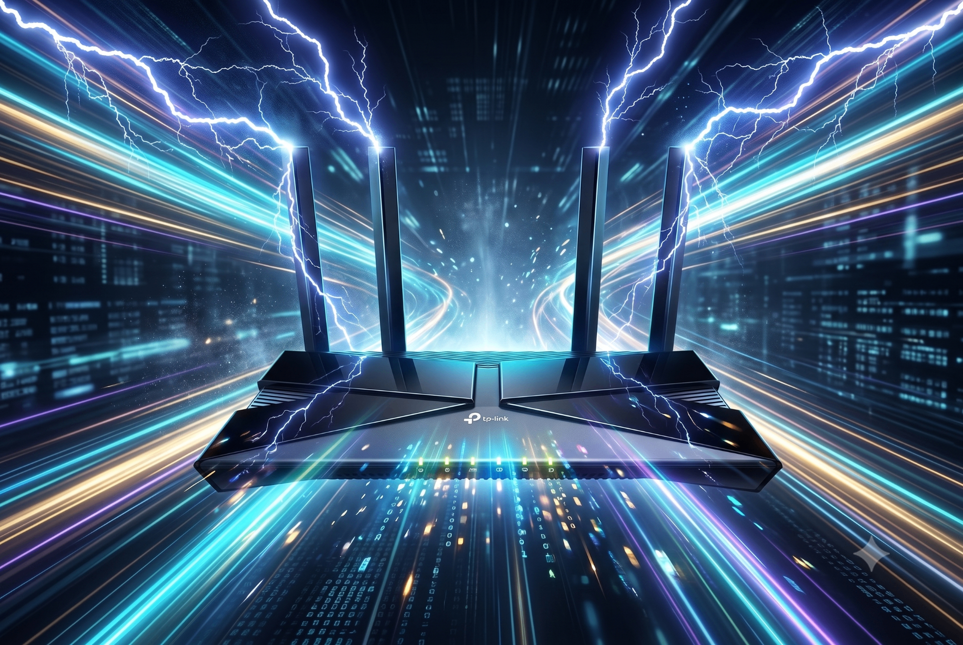 Roteador Wi-Fi de alta velocidade com raios de energia simbolizando fibra ultra rápida